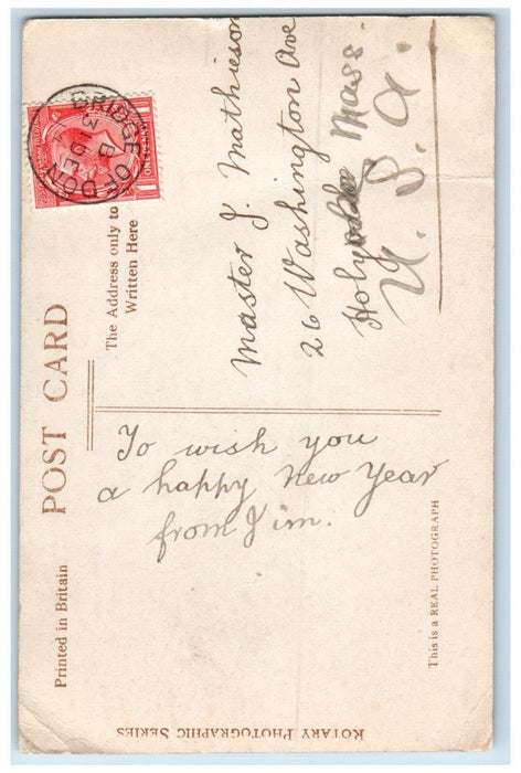 1914 Christmas Greetings Boy Holding Flag Rule Britannia UK RPPC Photo Postcard