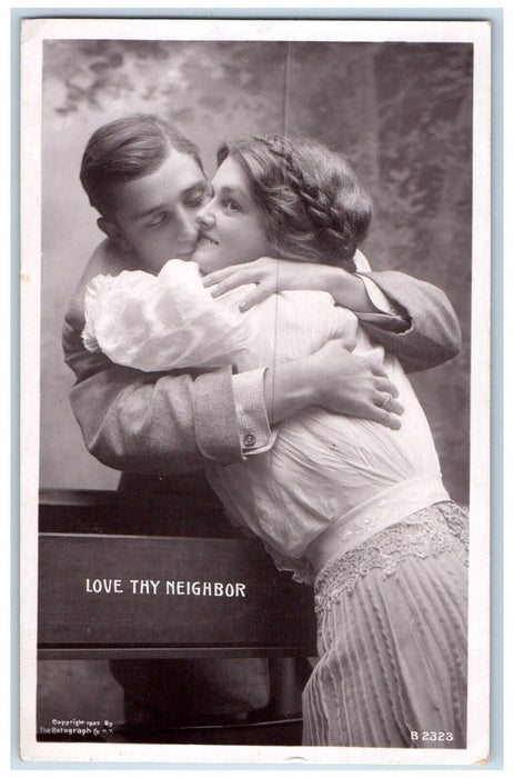 1908 Sweet Couple Kissing Love Thy Neighbor RPPC Photo Posted Antique Postcard