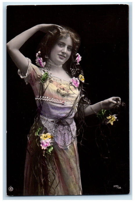 c1905 Pretty Woman Flowers Studio Portrait RPPC Photo Unposted Antique Postcard