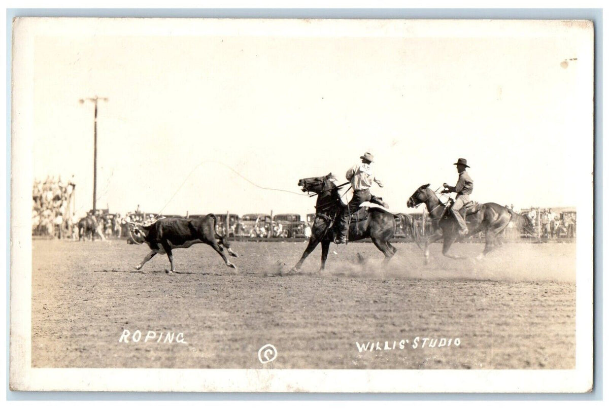 c1930's Rodeo Bull Roping Cowboy Horse Willis Studio RPPC Photo Postca ...