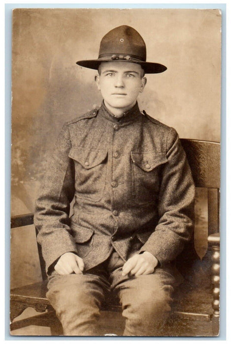 c1910's WWI Soldier US Military Uniform Studio RPPC Photo Unposted Postcard