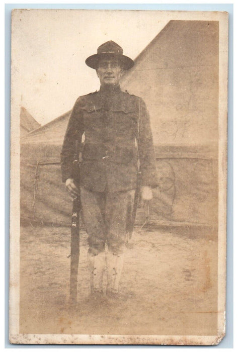 c1910's Candid WWI US Army Rifle Bayonet Uniform Tents Base RPPC Photo Postcard