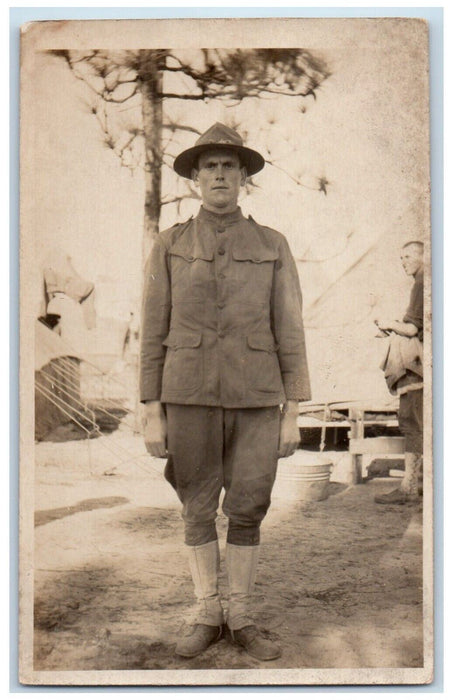 c1910's Candid WWI US Army Uniform Tents Base RPPC Photo Uposted Postcard