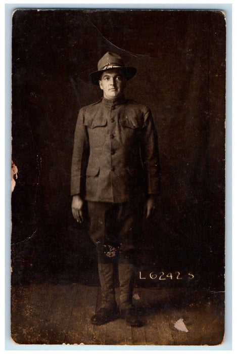 c1915 US Military WWI Studio Portrait Army Uniform Unposted  RPPC Photo Postcard