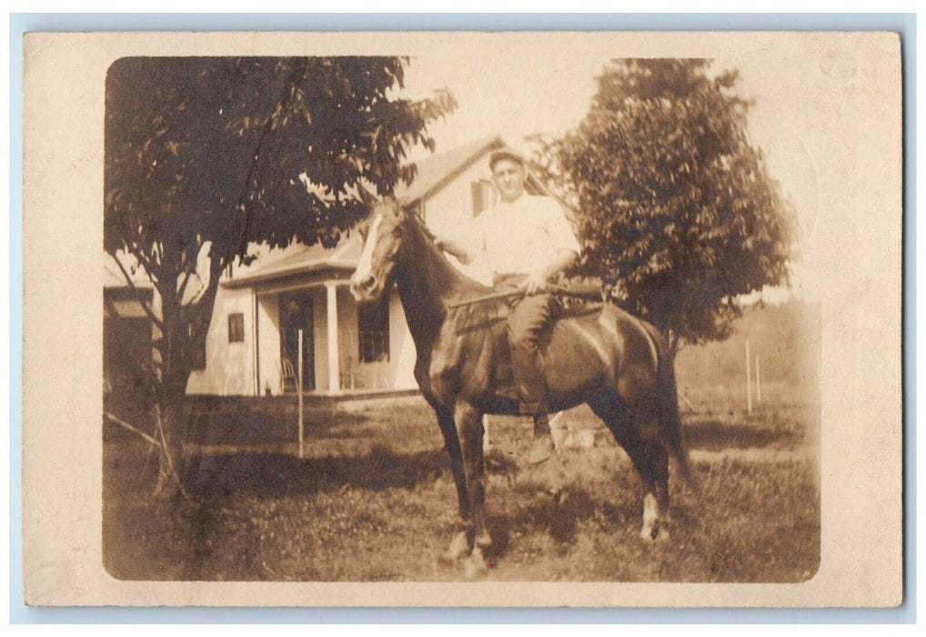 1917 Man Horse Rifle Candid Farm Deshler Nebraska NE RPPC Photo Postcard