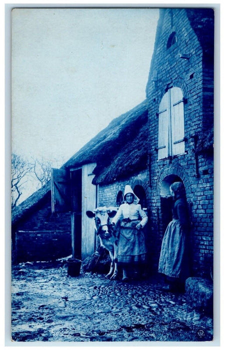 1909 Girls And Cow Mud Dutch Bloomington Illinois IL RPPC Photo Antique Postcard