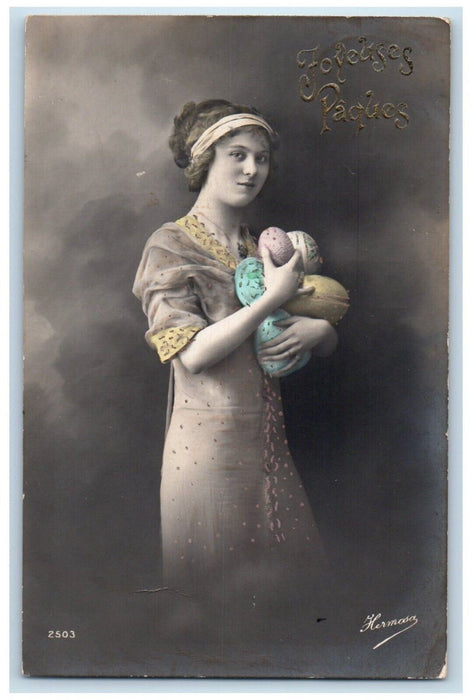 1914 Easter Egg Pretty Woman Studio Portrait RPPC Photo Antique Postcard