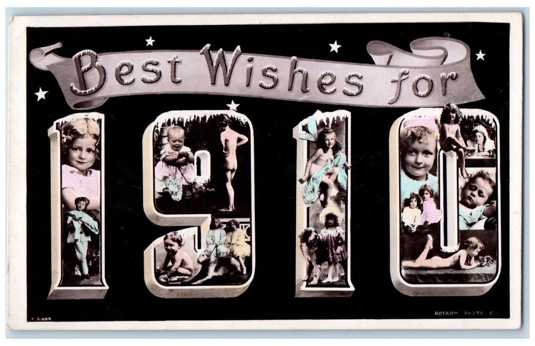 1910 Best Wishes Childrens Stars Large Numbers RPPC Photo Antique Postcard