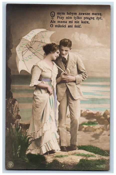 c1910's Sweet Couple Umbrella Studio Portrait Polish RPPC Photo Antique Postcard
