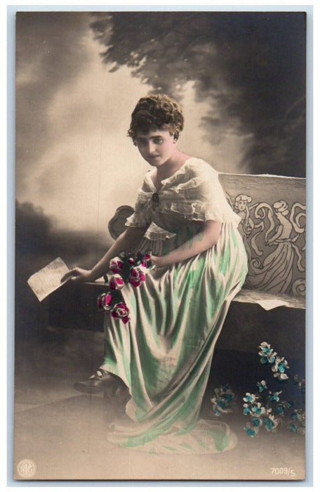 c1910's Pretty Woman Flowers Studio Portrait RPPC Photo Antique Postcard