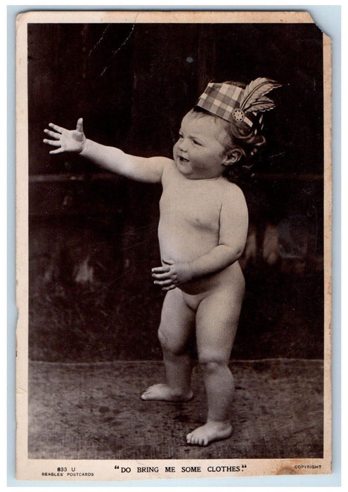 c1910's Baby Undressed Feather Hat Do Bring Me Some Clothes RPPC Photo Postcard