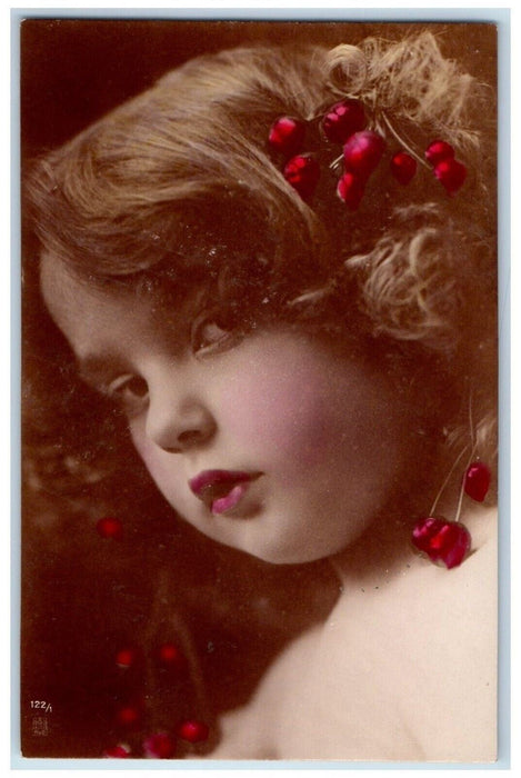 Pretty Little Girl Berries Curly Hair Studio Portrait RPPC Photo Posted Postcard