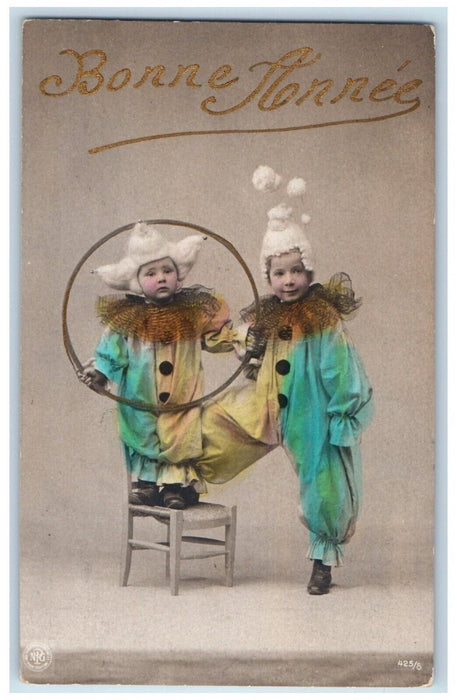 Boys Clown Jester Studio Portrait New Year Bonne Anne France RPPC Photo Postcard