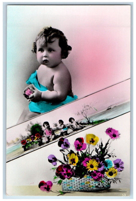 c1910's Cute Chubby Baby Toddler Flowers RPPC Photo Unposted Antique Postcard