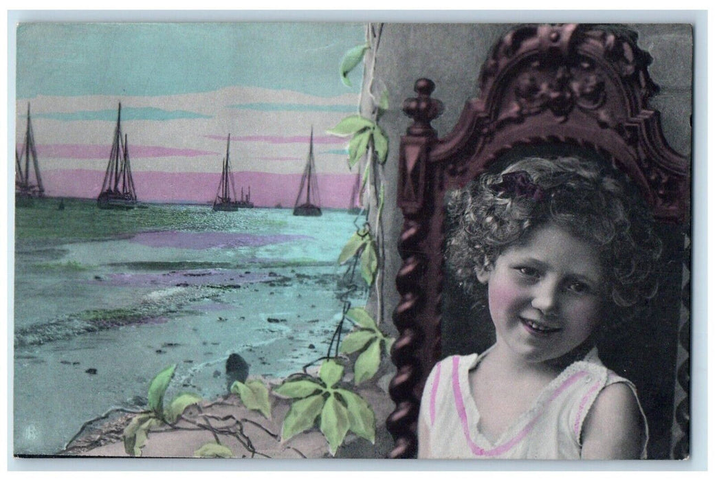 c1910's Pretty Little Girl Sea Boat RPPC Photo Unposted Antique Postcard