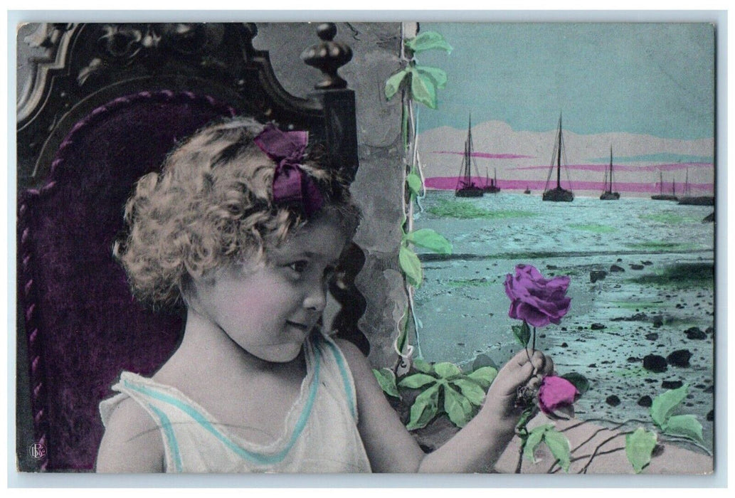 c1910's Pretty Little Girl Sea Boat Flowers RPPC Photo Unposted Antique Postcard