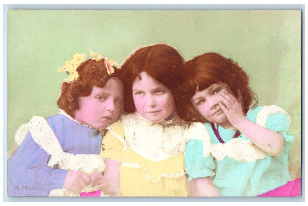 c1910's Three Little Girls Curly Hair RPPC Photo Unposted Antique Postcard