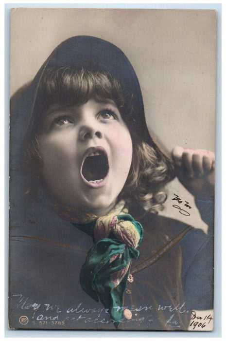 1908 Girl Mouth Open Scarf Omaha Nebraska NE RPPC Photo Posted Antique Postcard