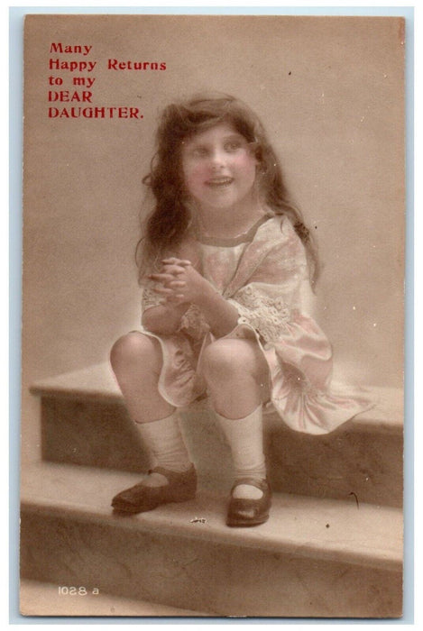 c1910's Little Girl Curly Hair Sitting Stair RPPC Photo Antique Postcard