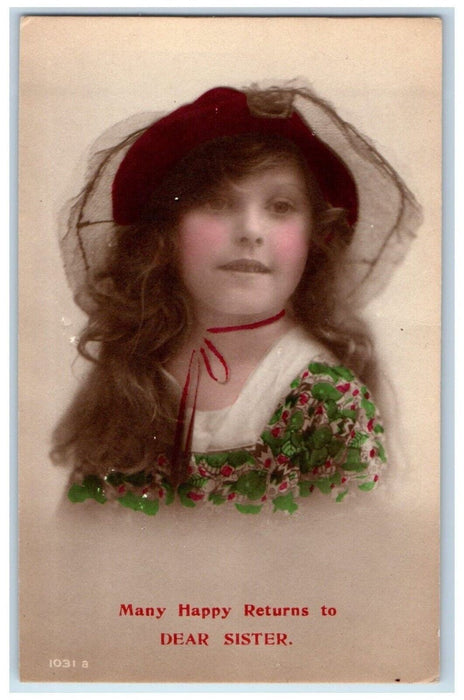 c1910's Little Girl Curly Hair Hat Floral Dress RPPC Photo Antique Postcard