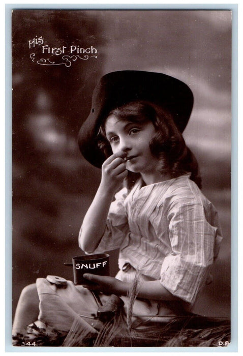 c1910's His First Pinch Boy Snuff Studio Portrait RPPC Photo Antique Postcard