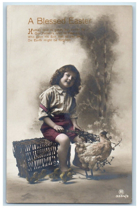 c1910's Blessed Easter Boy Curly Hair Chicken Hen Chicks RPPC Photo Postcard