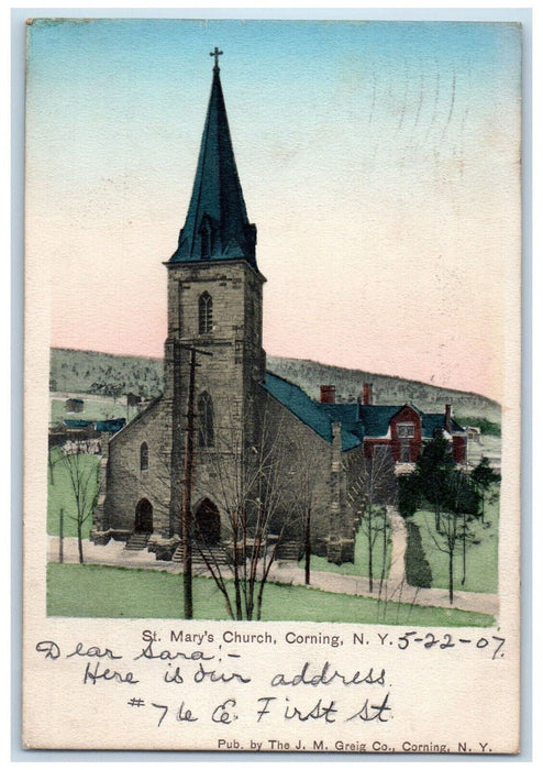 1907 St. Mary's Church Corning New York NY Antique Posted J.M. Greig Co Postcard