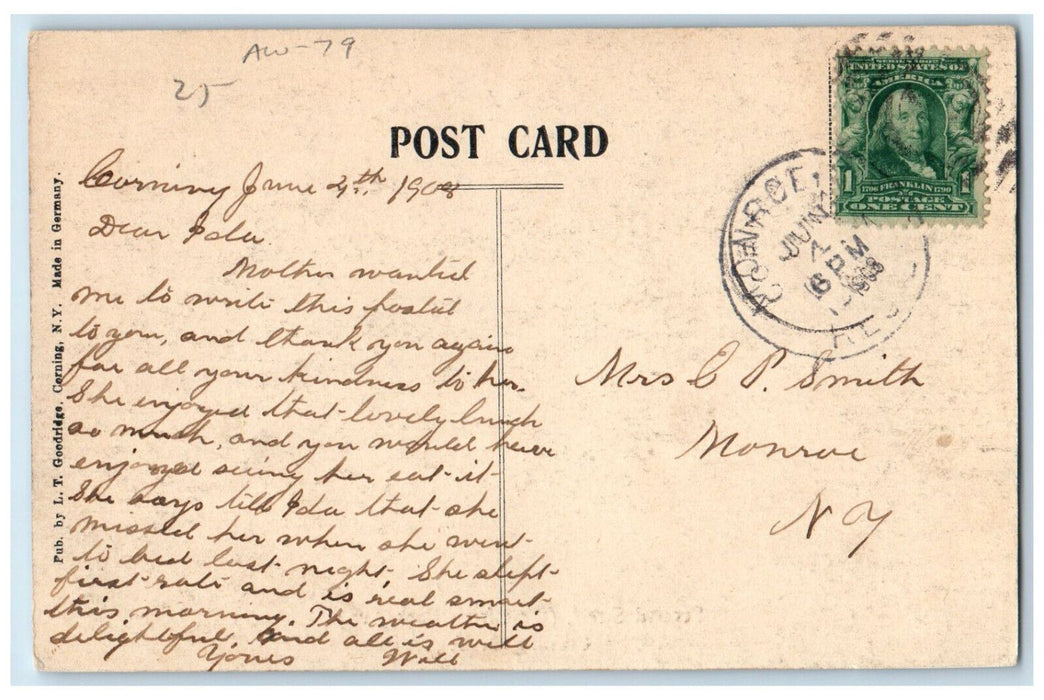 1908 Second Street West from Park Avenue Corning New York NY Monroe NY Postcard
