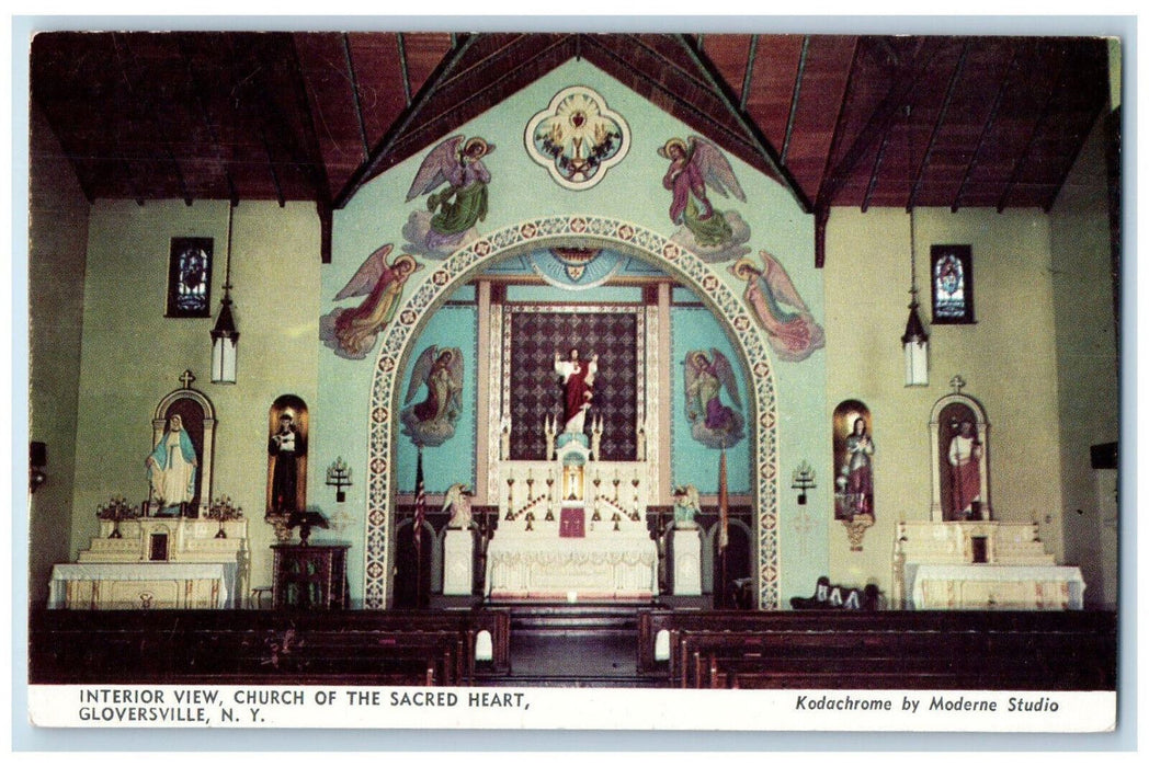 c1950's Interior View Church of the Sacred Heart Gloversville NY Postcard