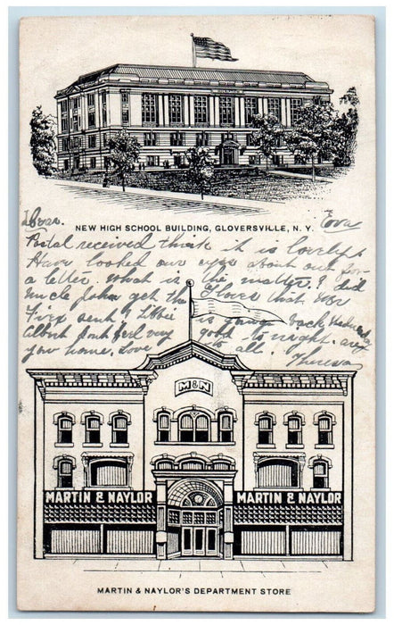 1905 High School Building Department Store Gloversville NY Antique Postcard