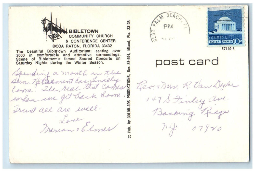 c1960's Bibletown Community Church Boca Raton Florida FL Posted Postcard