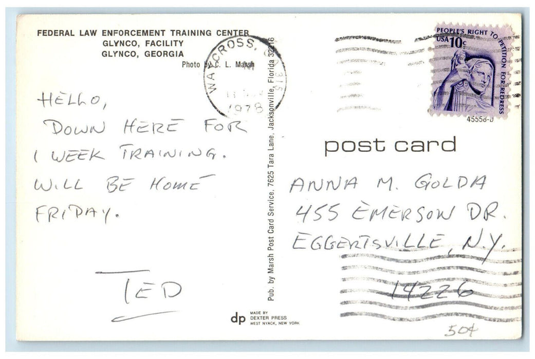 1978 Federal Law Enforcement Training Center Glynco Facility Georgia GA Postcard