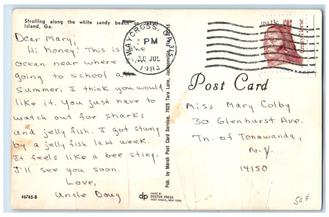 1984 Strolling Along The White Sandy Beach Jekyll Island Georgia GA Postcard