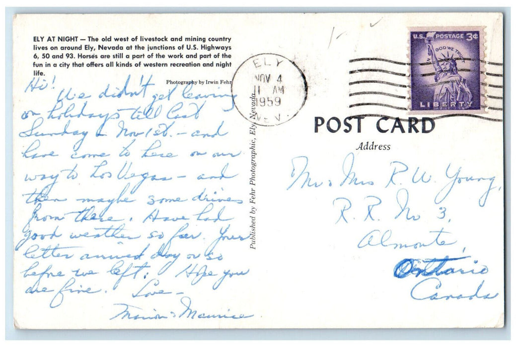 1959 Cafe Gambling Hall Horse Riding Ely at Night Ely Nevada Postcard
