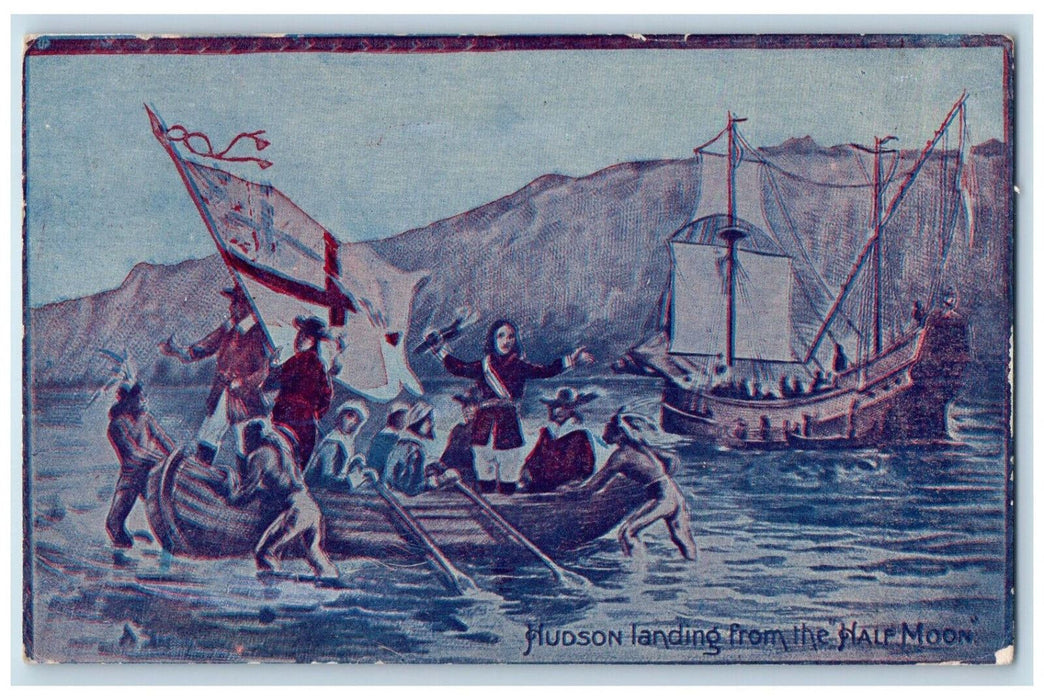 1909 Soldiers on Boat Scene Hudson Landing From The Half Moon NY Postcard