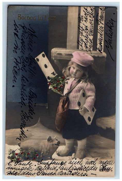 c1910's Cute Little Girl Holy Berries New Year RPPC Photo Antique Postcard