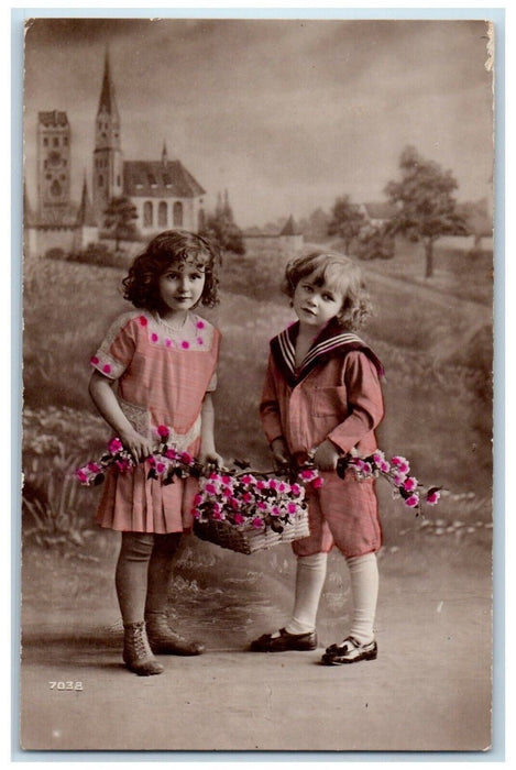 1918 Childrens Flowers In Basket House Church RPPC Photo Posted Antique Postcard