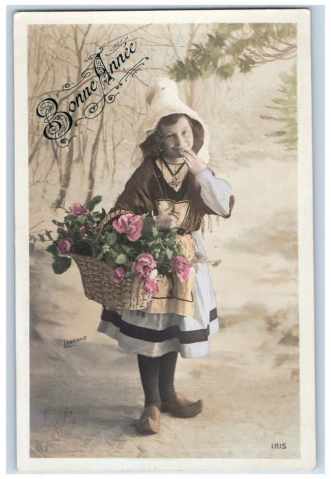 c1910's New Year Bonne Annee Dutch Girl Flowers In Basket RPPC Photo Postcard