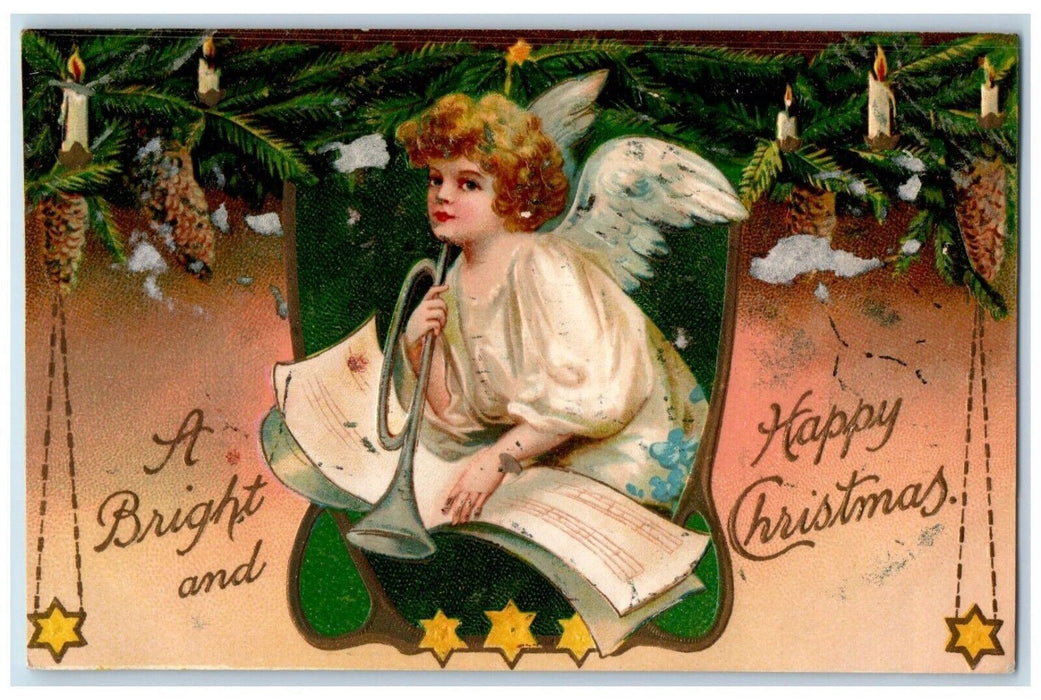 1909 Christmas Angel Trumpet Pine Cone Candles Embossed Brooklyn NY Postcard