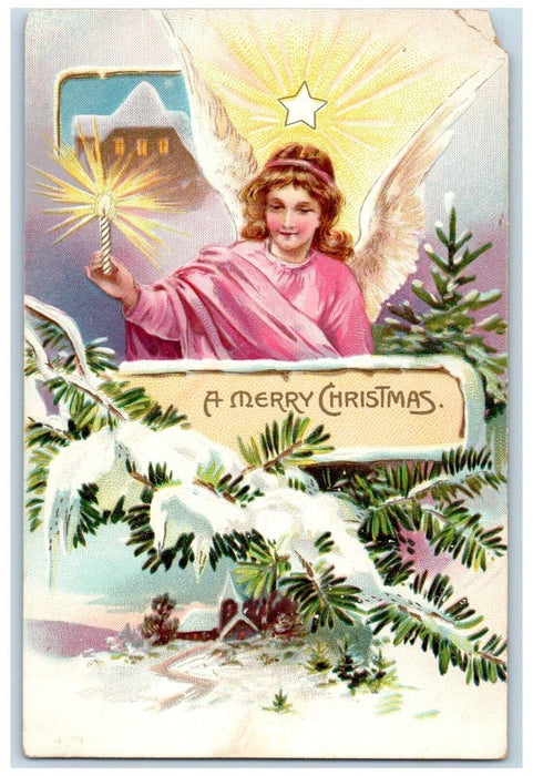 c1910's Christmas Angel Candle Light Pine Cone Winter Embossed Tuck's Postcard