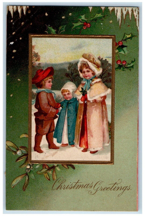 1907 Christmas Greetings Mother Children Berries Embossed Tuck's Posted Postcard