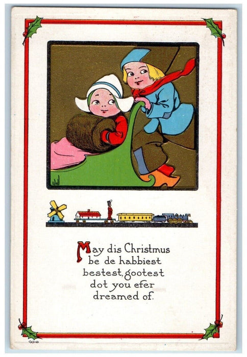 c1910's Christmas Dutch Boy Girl Warmer Windmill Embossed Antique Postcard