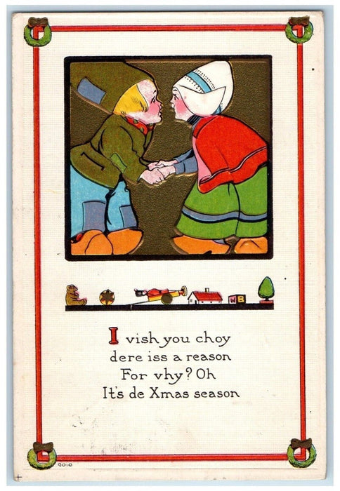 1915 Christmas Dutch Couple Embossed Attica New York NY Posted Antique Postcard