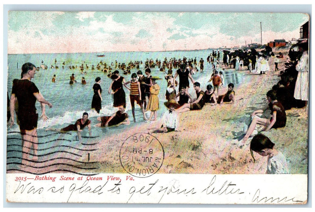 1908 Crowded People Bathing Scene At Ocean View Virginia VA Antique  Postcard