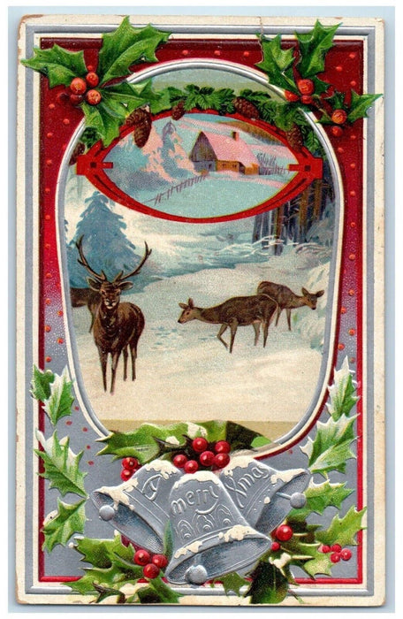 1908 Christmas Pine Cone Berries Bells Deer Winter Embossed Antique Postcard