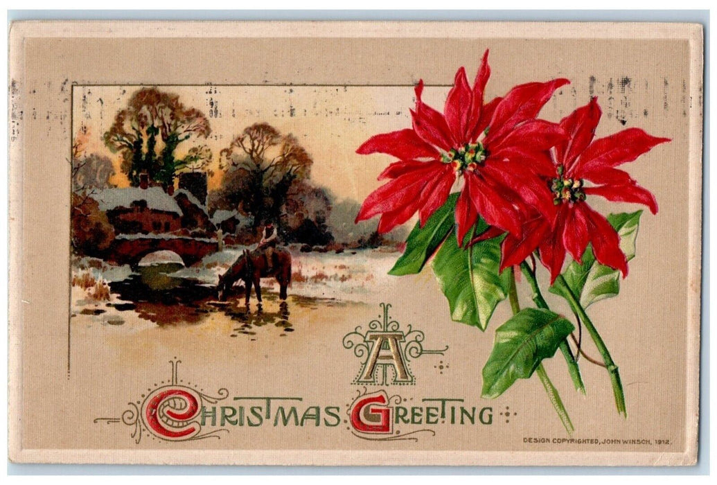 1912 Christmas Greetings Poinsettia Flowers John Wisnch Artist Signed Postcard