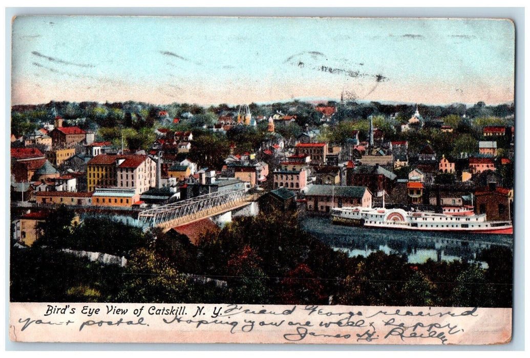 1906 Bird's Eyer View Of Catskill New York NY, Bridge Ship Houses Scene Postcard