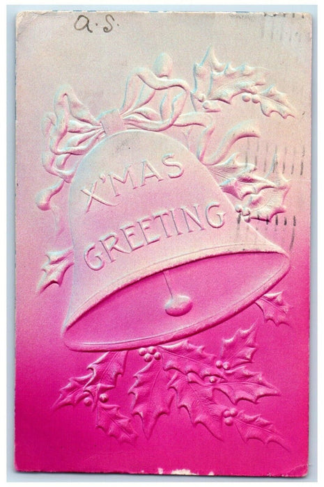 1908 Xmas Greetings Holly Berries Bell Airbrushed Embossed Buffalo NY Postcard