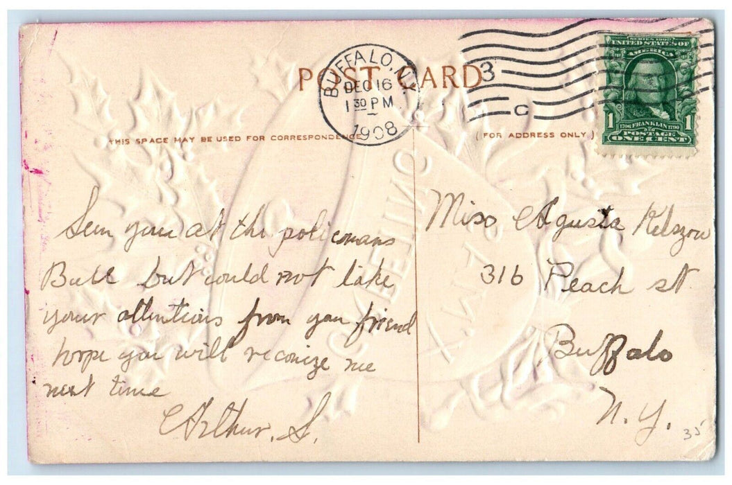 1908 Xmas Greetings Holly Berries Bell Airbrushed Embossed Buffalo NY Postcard