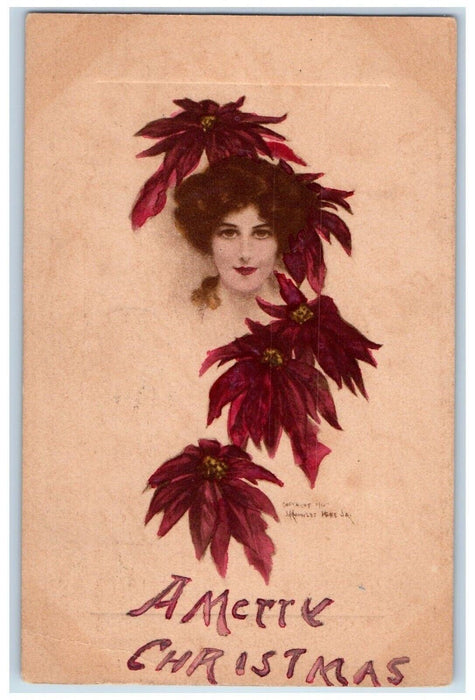 1910 Christmas Pretty Woman Poinsettia Flowers Rochester NY Antique Postcard